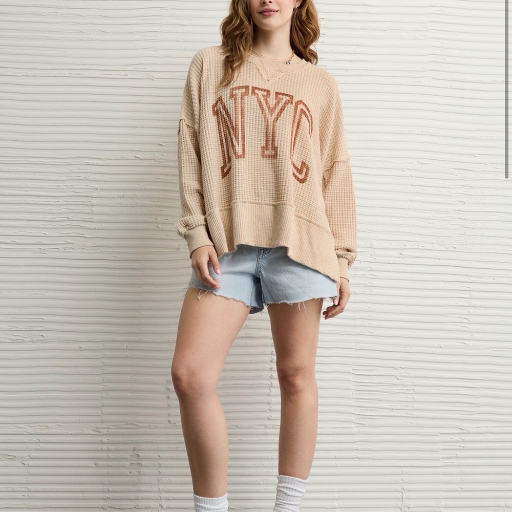 American Eagle Big Hug Crew Neck Waffle Sweatshirt Cream Knit Sweater